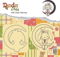 Billede: skæreskabelon og stempel lille pigekanin i månen, NS DADA DIES & CLEARSTAMP “Bunny on moon” DDCS001, førpris kr. 30,- nupris