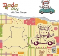 Billede: skæreskabelon og stempel lille bamse i bil, NS DADA DIES & CLEARSTAMP “Bear with car” DDCS002