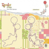 Billede: skæreskabelon og stempel NS DADA DIES & CLEARSTAMP “Balloon Fight” DDCS005, 59x97mm, kaninens ballonfærd, førpris kr. 42,- nupris