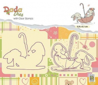 Billede: skæreskabelon og stempel NS DADA DIES & CLEARSTAMP “Umbrella Boat” DDCS006, 69x61mm, 2 kaniner i en paraplybåd
