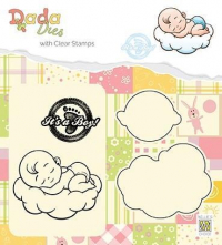 Billede: skæreskabelon og stempel lille sovende baby på sky og It's a boy, NS DADA DIES & CLEARSTAMP “It's A Boy - Sweet Dreams” DDCS010, 54x42mm, førpris kr. 38,-, nupris