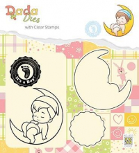 Billede: skæreskabelon og stempel lille babydreng i månen og It's a boy, NS DADA DIES & CLEARSTAMP “It's A Boy - On the moon” DDCS011, 52x55mm, førpris kr. 38,-, nupris