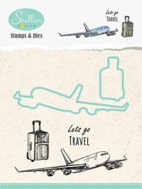 Billede: skæreskabelon og stempel flyver og håndkuffert på hjul, NS DIES & CLEARSTAMP 