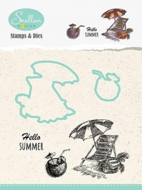 Billede: skæreskabelon og stempel strandstol med parasol og drink i kokosnød, NS DIES & CLEARSTAMP