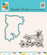 Billede: skæreskabelon og stempel havefugl på lille blomstergren, NS DIES & CLEARSTAMP 