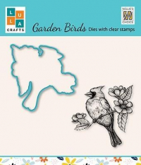 Billede: skæreskabelon og stempel lille fugl på blomstergren, NS DIES & CLEARSTAMP 