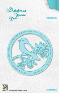 Billede: skæreskabelon fugl på gren i cirkel, NS Christmas Scene Dies Bird on Branch, CRSD022, 108x108mm, førpris kr. 84,- nupris