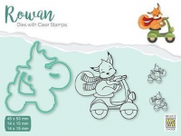 Billede: skæreskabelon og stempel ræv på knallert, NS Rowan Dies & Clearstamp, Christmas Fox,  RDCS004, Biggest: 48x53mm, førpris kr. 44,- nupris