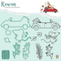 Billede: skæreskabelon og stempler mus, cabriolet og små grene, NS Rowan Dies & Clearstamp, Driving home for Christmas, RDCS008, Biggest: 77x34mm