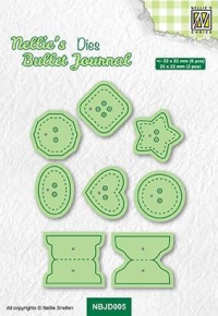 Billede: skære/prægeskabelon knapper og 2 små faner, Nellie's Bullet Journal Dies Buttons, NBJD005, Største: 25x22mm, førpris kr. 24,- nupris