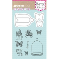 Billede: skæreskabeloner og stempler, glasklokke, sommerfugl og krydderurter, STUDIO LIGHT STAMP & DIE A6 BASICSDC07, førpris kr. 68,- nupris