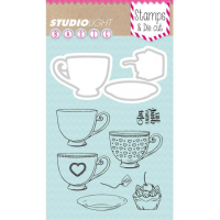 Billede: skæreskabeloner og stempler, kaffe/tekop og cupcake, STUDIO LIGHT STAMP & DIE A6 BASICSDC11, førpris kr. 68,- nupris