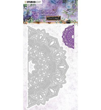 Billede: skæreskabelon ½ doily, der hænger fast i den lige side, Studio Light Dies, JMA - No end Mandala, STENCILJMA13, 76x148mm