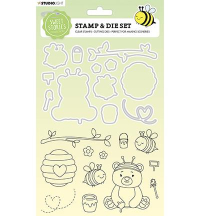 Billede: skæreskabelon og stempler bier, bikube, honningbamse med honningkrukke, Studio Light Dies & Stamps 