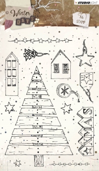 Billede: stempel træjuletræ, huse og Xmas, STUDIO LIGHT STEMPEL A6 STAMPWD313, Winter Days, førpris kr. 60,- nupris