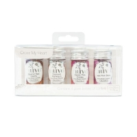 Billede: Nuvo - Pure Sheen 4 Pack - Cross My Heart Confetti - 285n, Scarlet Red Hearts, Diamond Harlequin, Candy Pink Hexagons and Hot Pink Stars, gode til shakerkort, førpris kr. 72,- nupris