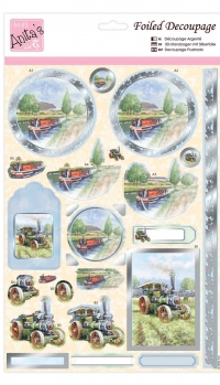Billede: husbåd i vandet, traktor på marken, Anita's udstanset 3d, ANT 169544, førpris kr. 10,- nupris