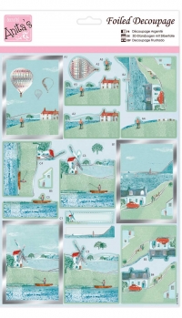 Billede: luftballonner, mølle ved vandet, hus på skråningen, Anita's udstanset 3d, ANT 169545, førpris kr. 10,- nupris