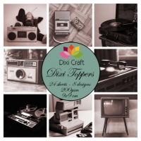 Billede: DIXI CRAFT TOPPERS 9X9CM 24 ARK ETL026, vintage radio, båndoptager, pladespiller, kamera og TV fra gamle dage