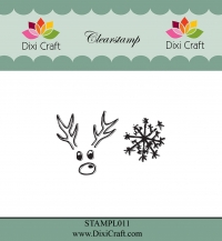 Billede: DIXI CRAFT CLEARSTAMP, rensdyrhoved og snefnug, Reindeer head & snowflake, STAMPL011, Biggest: 3,1x3,2cm, førpris kr. 16,00, nupris