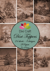 Billede: DIXI CRAFT TOPPERS 7X10CM 24 ARK, 8 designs, ET0007, vintage træer i vintersne, førpris kr. 16,- nupris