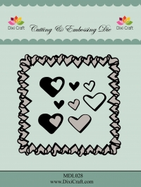 Billede: skære/prægeskabelon hjerteramme med løse hjerter, DIXI CRAFT DIES “Heart Frame” MDL028, 11x11cm, førpris kr. 92,00, nupris