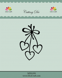 Billede: skæreskabelon 3 hjerter i ophæng, DIXI CRAFT DIES “Tied Hearts” MDL050, 4,7x7,3cm, førpris kr. 56,- nupris