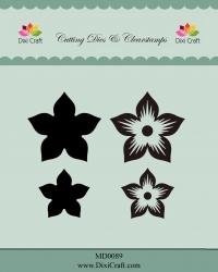 Billede: skæreskabelon og stempel DIXI CRAFT DIES & CLEARSTAMP “FLOWER (4 PCS)” MD0089, 4,15x3,95 & 2,95x2,8cm, førpris kr. 60,00, nupris