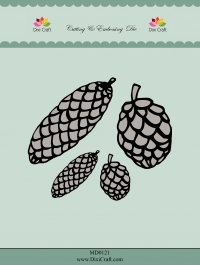 Billede: skære/prægeskabelon 4 kogler, DIXI CRAFT DIES Pinecones MD0121, 66x66mm / 41x65mm / 36x36mm / 23x35mm, førpris kr. 96,- nupris