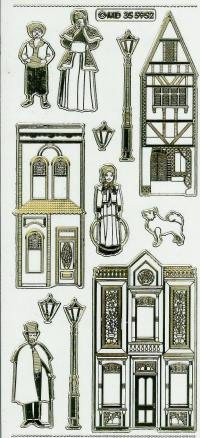 Billede: huse og folk, transperant guld stickers