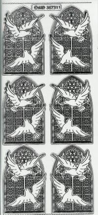 Billede: kirkevindue med duer, transperant sølv stickers