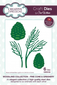 Billede: skæreskabelon kogler og gren, CREATIVE EXPRESSIONS SUE WILSON DIES CED3103,
Største: 9,3x4,4cm, PINE CONE & GREENERY