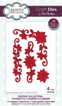 Billede: skære/prægeskabelon julestjernekant og hjørne, CREATIVE EXPRESSIONS SUE WILSON DIES CED3109, Største: 6,9x7,4cm, POINSETTIA FLOURISH & CORNER