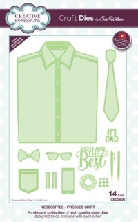 Billede: skære/prægeskabelon foldet skjorte med tilbehør, Pressed Shirt, CREATIVE EXPRESSIONS SUE WILSON DIES CED23020, 11,8x9,4cm