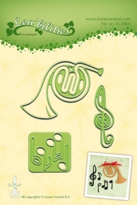 Billede: skære/prægeskabelon horn og noder og g-nøgle, Leane Die Cut/Emb 45.0805, førpris kr. 78,- nupris