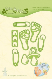 Billede: skære/prægeskabelon babyfødder og babytilbehør, LEANE DIE CUT/EMB “Baby Things” 45.3233, førpris kr. 84,- nupris