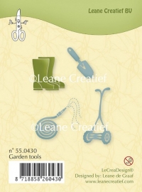 Billede: Leane Clearstamp 55.0430, gummistøvler, graveske, vandslange og græsslåmaskine, førpris kr. 40,- nupris