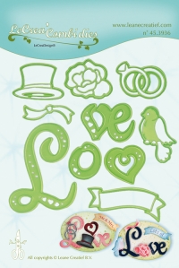 Billede: skære/prægeskabelon ordet Love med pynt og banner, LEANE DIE CUT/EMB “Love” 45.3936, Passer til p384327, førpris kr. 96,- nupris