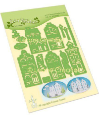 Billede: skære/prægeskabelon husfacader, træer, lygtepæle, skyer, hegn, græs og stjerner, LEANE DIE CUT/EMB 