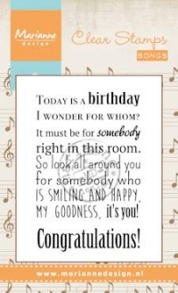 Billede: MARIANNE DESIGN STEMPEL sangtekst, CS0965 Song: Today is a birthday, førpris kr. 28,- nupris