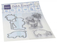Billede: skæreskabelon og stempel bondemand med høtyv og gris, Marianne Design Clearstamp + die HT1653 Hetty's Farmer
