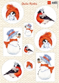 Billede: pingvin, fugl og snemand med hue og hat, MARIANNE DESIGN 1 ARK VK9550 Artic Winter
