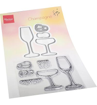 Billede: stempel og skæreskabelon 2 forskellige champagneglas med indhold og propper, Marianne Design Clearstamp + Die