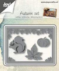 Billede: skære/prægeskabelon ramme, egern, blad og græskar, JOY CUT/EMB “Autumn set, førpris kr. 68,00, nupris