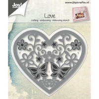 Billede: skære/prægeskabelon hjerte med blomster og sommerfugle, JOY CUT/EMB “Heart with flowers/butterfly, førpris kr. 77,00, nupris