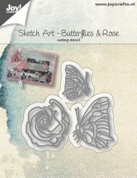 Billede: skæreskabelon sommerfugle og rose, JOY CUT “Sketch Art – Butterflies and rose” 6002/1134, 25x20 / 37x30 & 35x32mm, førpris kr. 35,00, nupris