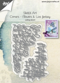 Billede: skæreskabelon fantasihjørner, JOY CUT “Sketch Art – Cornerflowers – Linefantasy” 6002/1137, 46x81 & 63x46mm, førpris kr. 63,00, nupris