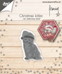 Billede: skære/prægeskabelon kattekilling med nissehue, JOY CUT/EMB “Franciens Christmas Kitten” 6002/1150, 36x33mm, førpris kr. 26,00, nupris
