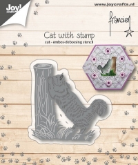 Billede: skære/prægeskabelon kat hvæsser kløer på træstub, JOY CUT/EMB “Franciens cat with treestump” 6002/1152, 56x55mm, førpris kr. 38,00, nupris