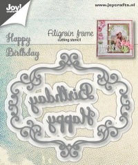 Billede: skæreskabelon fin udskåret krans og Happy Birthday, JOY CUT/EMB “Filigrain Frame
